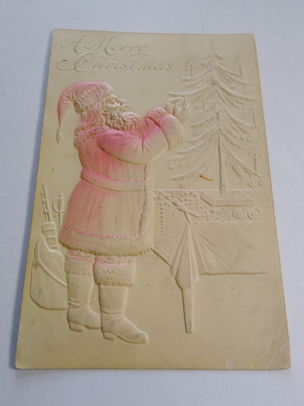 Vintage Embossed Christmas Postcard Santa Decorating Tree 1900s Posted Ohio